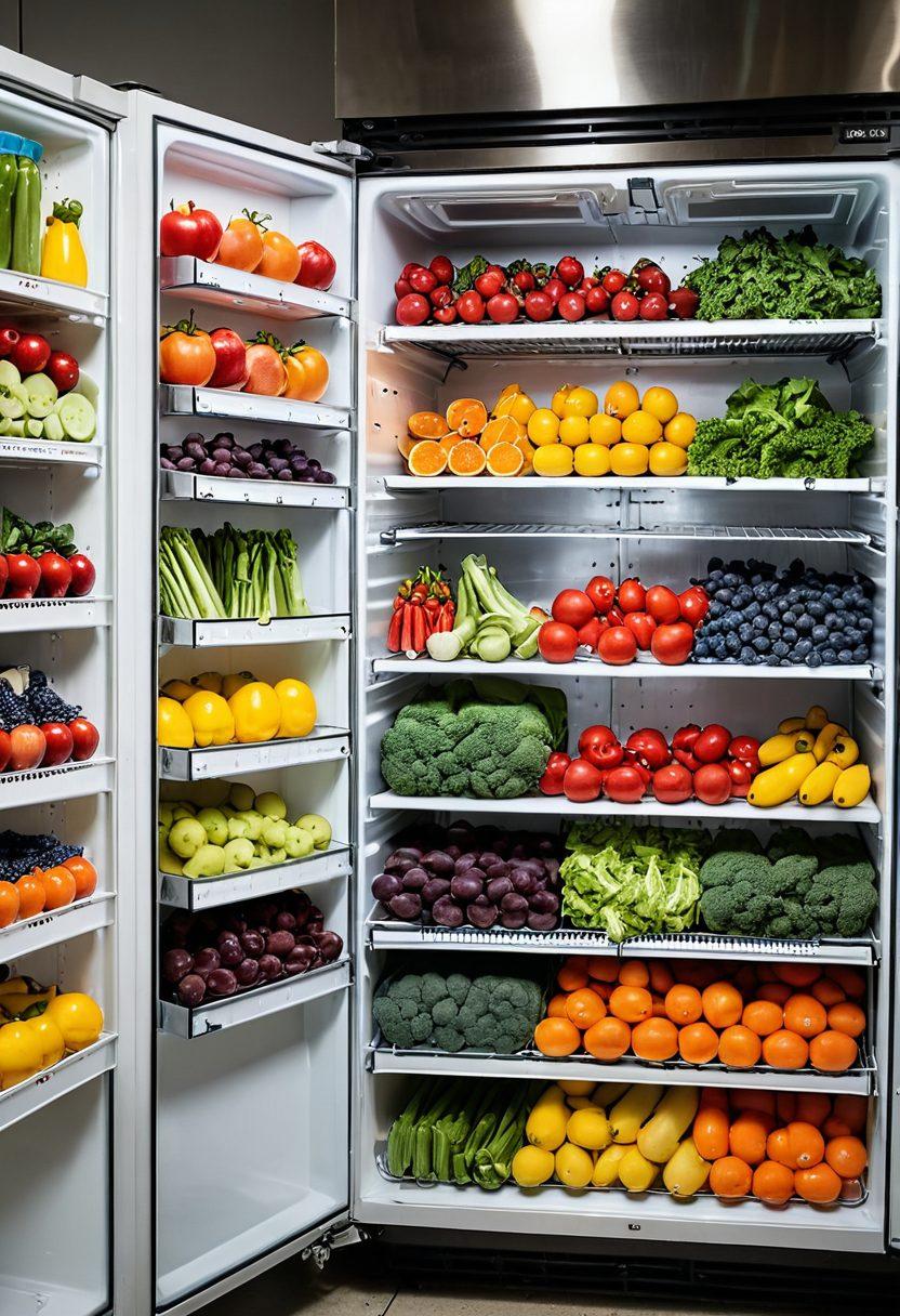 A modern refrigerated unit filled with vibrant, fresh produce, highlighting effective cold storage practices. Display maintenance tools and checklists around the unit, symbolizing key maintenance tips. The background features a clean, organized kitchen scene to showcase the importance of proper cold storage. Bright lighting emphasizes freshness and cleanliness. super-realistic. vibrant colors.
