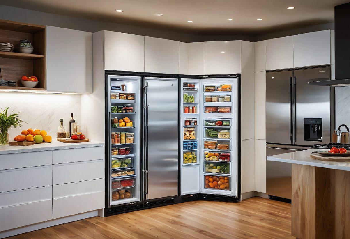 A sleek, modern energy-efficient freezer in a bright kitchen setting, showcasing organized frozen food items like fruits and vegetables. Surrounding the freezer are icons representing renewable energy sources like solar panels and wind turbines, emphasizing sustainability. The environment should feel warm and inviting, promoting a sense of health and eco-friendliness. super-realistic. vibrant colors. soft lighting.