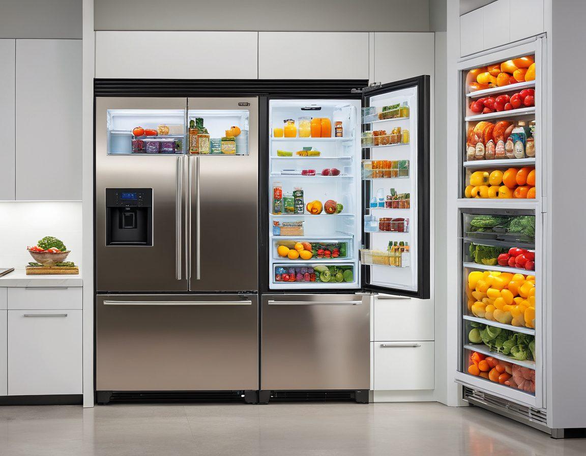 A modern kitchen showcasing a sleek, energy-efficient Norcold refrigerator, filled with neatly organized food items. In the background, a digital display board highlights essential tips for optimizing fridge performance, surrounded by ice and cooling elements. Bright, inviting colors accentuate cleanliness and organization, emphasizing a fresh food environment. super-realistic. vibrant colors. clean white background.